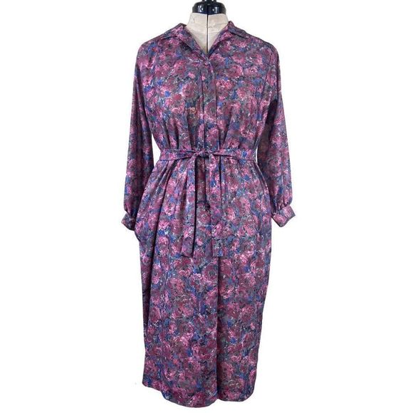 Vintage Dresses & Skirts - Unicorn 70s Vintage Plus Size 18 Zip Front Long Sleeve Floral Dress with Pockets